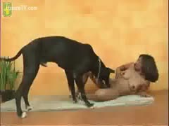Sexy black skinned woman enjoys sex with her large dark dog 